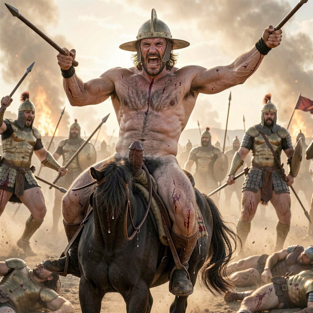 Hyper-realistic cinematic shot of completely naked Pericles at 35 years old on horseback in the midst of battle, charging forward with savage determination. He wears only a Corinthian helmet with cheek guards raised, his stern aristocratic face contorted in a battle cry, short dark brown military-cut hair with silver temples windblown, trimmed dark beard and mustache coated in dust and sweat. His powerful hairy torso is fully bare and exposed — broad shoulders, sweat-slicked pectorals with vertical dark trail glistening, sharply defined abdominals tense and flexed, dense dark pubic bush matted with sweat. His muscular right arm hurls a javelin forward, biceps and triceps fully engorged with veins bulging, while his left hand grips the reins tightly. Between his powerful thighs gripping the horse's flanks, his thick 22 cm semi-erect penis with slight upward curve swings with the animal's momentum, visible against his dark hairy groin. The horse rears slightly amidst the chaos — other cavalrymen and hoplites clashing in the background, spears, shields, bronze armor flashing, dust clouds, smoke from fires, blood splatters, fallen soldiers on the ground. Intense golden afternoon sun cutting through the dust, dramatic chiaroscuro lighting, ultra-detailed skin texture with visible pores, sweat droplets flying, veins prominent on forearms and thighs, mud splashes on his skin and tunic, raw muscular tension, realistic horse anatomy with sweat and foam, cinematic motion blur on background figures, museum-quality historical war realism.