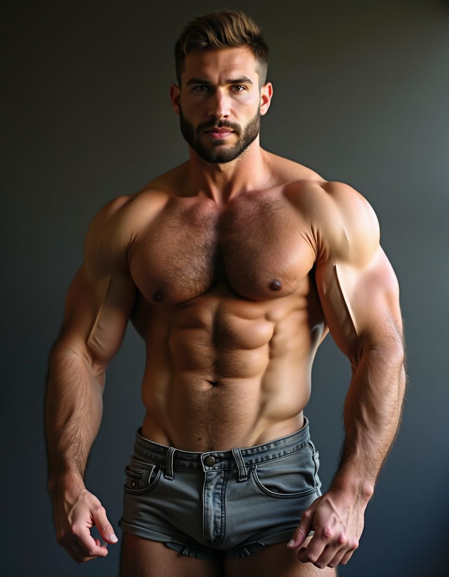 Hombre culturista muy velludo desnudo. Tiene un pene de 30 cm de longitud y 5 cm de grueso