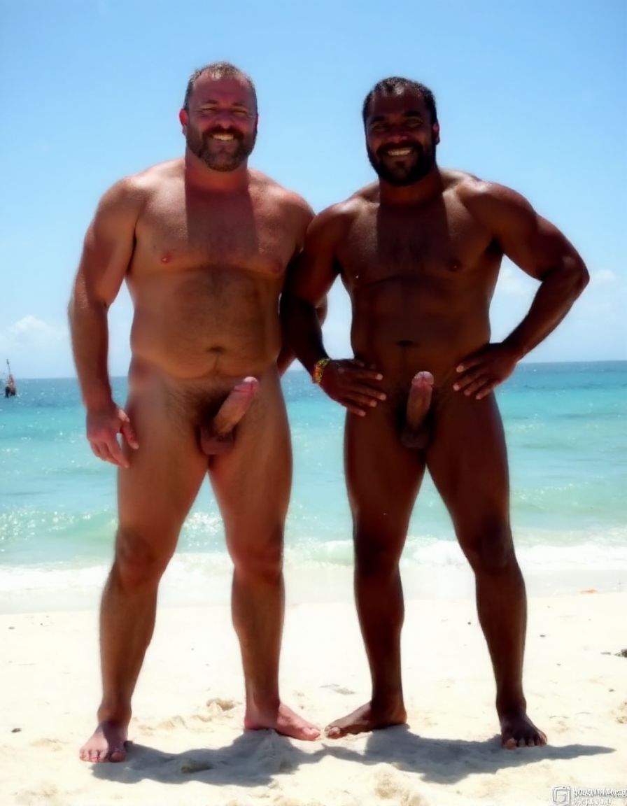 Rodrigo y Maximiliano son dos hombres culturistas de competición posando juntos en una playa de arena blanca con mar turquesa cristalino de fondo y cielo azul despejado, ambos descalzos sobre la arena, sonriendo a cámara con complicidad, postura relajada con las caderas pegadas y manos en la cintura.

Rodrigo es un hombre que está a la izquierda: caucásico de 35 años, cabeza completamente rapada y afeitada brillante por el sol, rostro cuadrado con mandíbula ancha, sonrisa amplia mostrando dientes blancos, cejas finas oscuras, ojos oscuros, piel bronceada aceitosa con brillo uniforme, cuello grueso de toro con trapecios enormes subiendo hasta las orejas, deltoides redondos y estriados como bolas de cañón con separación clara de las tres cabezas, pectorales masivos gruesos y cuadrados con estriaciones visibles en la parte inferior y surco profundo entre ambos, pezones pequeños apuntando hacia abajo por el volumen del pectoral, brazos enormes con bíceps con pico pronunciado y vena cefálica gruesa visible, tríceps con herradura marcada, antebrazos gruesos vascularizados, abdominales de seis bloques marcados con separaciones profundas, oblicuos definidos, serratos visibles, dorsales anchos que sobresalen por detrás dándole forma de V pronunciada, completamente desnudo de cintura para abajo, polla erecta de treinta y seis centímetros de longitud y ocho coma cinco centímetros de diámetro apuntando hacia arriba y ligeramente a la derecha, tronco grueso y venoso con venas retorcidas recorriéndolo desde la base hasta el glande, glande grande rosado hinchado y brillante completamente expuesto, testículos enormes gordos y pesados colgando bajos en un escroto relajado por el calor oscurecido por el bronceado, pubis recortado corto, muslos masivos con cuádriceps con forma de lágrima y separaciones marcadas, gemelos gruesos con forma de diamante, pies grandes sobre la arena.

Maximiliano es un hombre que está a la derecha: negro de piel oscura de 45 años, cabeza rapada al cero, rostro angular con pómulos altos y marcados, mandíbula cuadrada y definida, sonrisa confiada mostrando dientes blancos, ojos oscuros intensos, piel negra brillante y aceitada que resalta cada definición muscular con reflejos del sol, cuello grueso con trapecios altos, deltoides estriados enormes y redondos con venas cruzándolos, pectorales cuadrados duros y estriados con pezones oscuros pequeños, separación brutal entre ambos pectorales, brazos fibrosos masivos con bíceps vascularizados y venas gruesas serpenteando por todo el brazo, tríceps estriados con las tres cabezas visibles, antebrazos secos con cada tendón marcado, abdominales de ocho bloques profundamente tallados con piel fina pegada al músculo mostrando cada fibra, oblicuos cortados como cuchillas, serratos marcados individualmente, dorsales anchos y gruesos, completamente desnudo de cintura para abajo, polla erecta de treinta y seis centímetros de longitud y ocho coma cinco centímetros de diámetro con tronco oscuro grueso y pesado cubierto de venas hinchadas prominentes, glande enorme oscuro casi negro brillante de líquido preseminal, prepucio retraído por completo, testículos enormes gordos y llenos colgando pesados y bajos en un escroto oscuro arrugado y relajado, pubis con vello negro corto y rizado, muslos enormes fibrosos con cuádriceps estriados y femorales como cuerdas de acero, gemelos definidos y duros, pies descalzos sobre la arena blanca.

Iluminación natural directa del sol cenital con reflejos en la piel aceitada de Rodrigo y Maximiliano, sombras cortas en la arena, alta resolución fotográfica hiperrealista, textura de piel con poros visibles, gotas de sudor y aceite, calidad de fotografía profesional editorial deportiva, plano frontal de cuerpo entero.



No distorsiones y NO DEFORMACIONES.