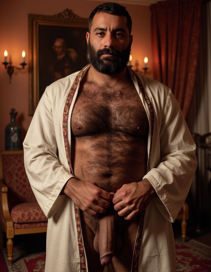 Un hombre árabe maduro de 50 años, musculoso y varonil, con una barba y bigote espesos, y un cuerpo cubierto de vello, viste un traje tradicional árabe desabrochado, revelando su pecho velludo. Su mirada es intensa y dominante. Está de pie en una habitación lujosa con alfombras y cortinas de seda, bañado en una iluminación cálida y sensual. Su pene erecto, peludo y lleno de venas, mide 40 cm de longitud y 8 cm de diámetro, y está a punto de eyacular. Con las manos en la parte inferior del abdomen, rodea su pene para masturbarse, destacando su excitación y placer. La imagen es hiperrealista, con detalles de alta calidad, y muestra claramente la textura del vello, la seda y la carne, creando una atmósfera sensual y erótica.