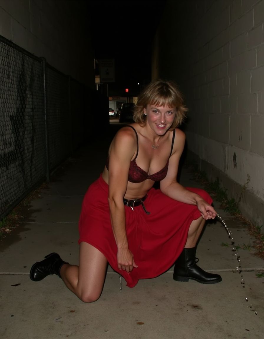 A cuatro patas, con el vestido rojo levantado dejando ver la lencería y los ligueros, mientras me mean varios maduros en un callejón oscuro