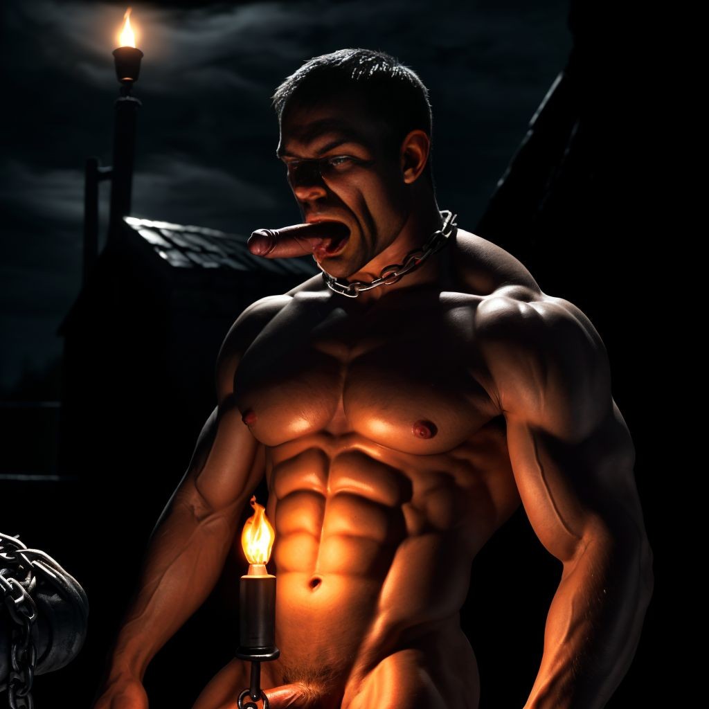 Hombre musculoso y semidesnudo en un entorno oscuro de estética gótica, iluminado por antorchas que resaltan su torso definido, abdominales marcados, pectorales y brazos tensos. Lleva un collar metálico con cadena alrededor del cuello y mantiene en la boca un objeto fálico de color rojizo, con gesto intenso y desafiante. La escena tiene una atmósfera nocturna, dramática y sombría, con sombras profundas, una estructura de tejado al fondo y una llama cercana que proyecta luz cálida sobre su piel. La composición mezcla fuerza física, dominación, bondage y erotismo explícito en un ambiente teatral y cargado de tensión.