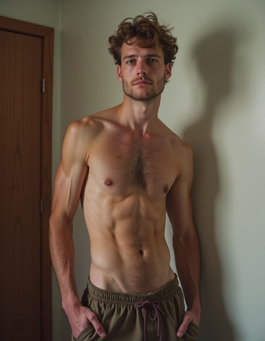 Young man shirtless, posing standing in a simple interior, with an athletic and defined torso illuminated by soft side light that accentuates the abs, pectorals, collarbones, and sinewy arms. He has messy curly brown hair, a short beard, a serious expression, and a direct gaze toward the camera, conveying a calm and confident attitude. He wears olive green athletic pants with an elastic waistband and purple drawstring, his hands tucked into the pockets, leaving the abdomen and part of the chest hair visible. The background is a light-colored wall with a wooden door to one side and a cast shadow that reinforces the intimate and natural atmosphere of an indoor male portrait.