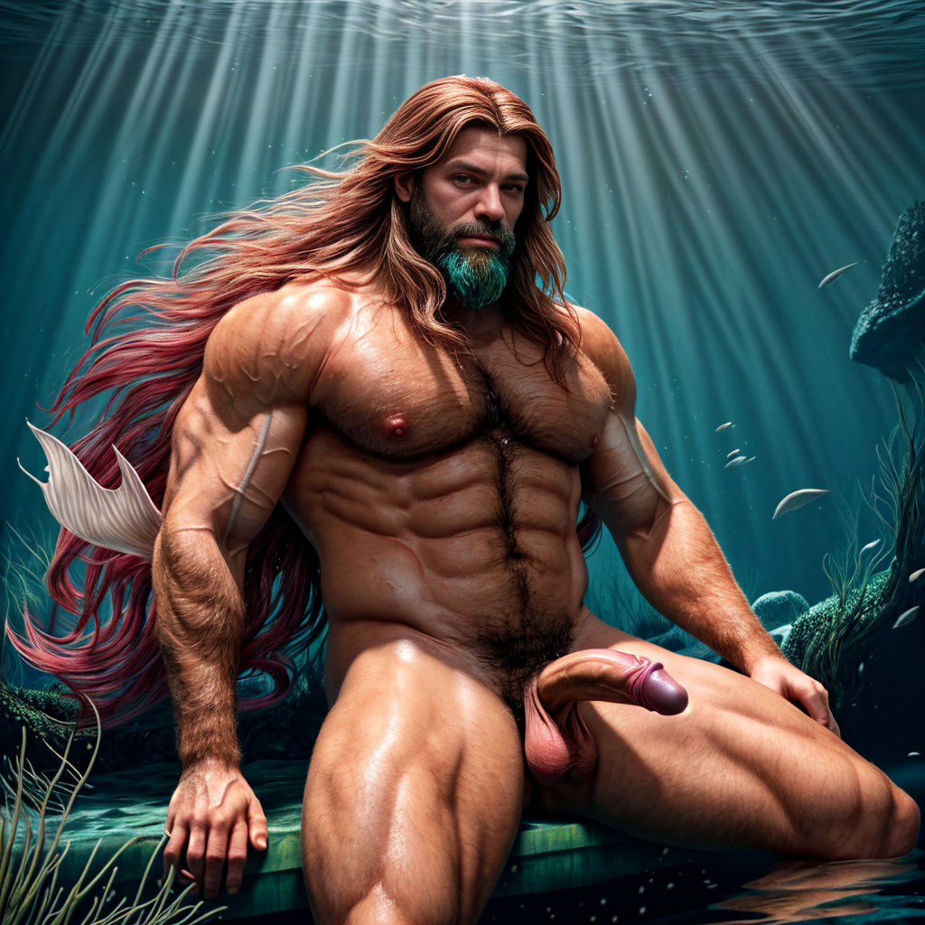 Foto hiperrealista en 8k. Un hermoso hombre sirena musculoso de cuerpo completo muy velludo con cabello largo colorido y un pene grande y testículos grandes . Nada en un bosque submarino de algas marinas, con el cabello flotando ingrávidamente detrás de él, mientras la luz del sol de la superficie se filtra y salpica el entorno.