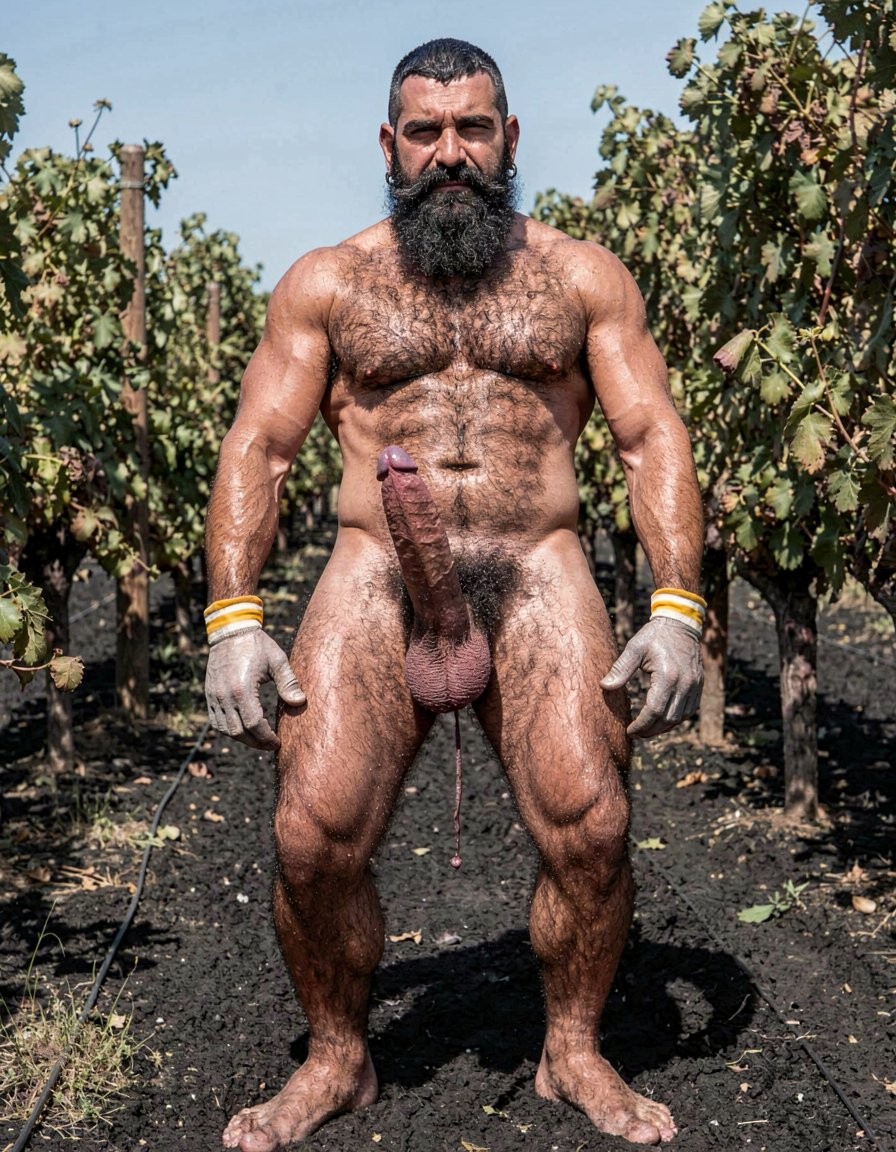 A hyper-realistic full-body vertical photograph taken in harsh midday Santorini sunlight over black volcanic soil between rows of Assyrtiko vines. Dimitris, 32, stands completely naked except for grey work gloves with yellow and white stripes, feet planted wide apart on the dark earth, toes gripping the soil. Shot from a low frontal angle so every inch from his big dirty feet to the top of his head is visible without cropping. His body is at 5% body fat, extremely muscular competition physique: huge veiny traps and shoulders, massive hairy pecs, eight-pack abs partially covered by dense black curly body hair that runs from his neck all the way down to his toes. Extremely thick black pubic bush, massive thick veiny Greek cock rock-hard and pointing upward almost touching his abs, swollen purple glans shiny with precum, a long clear drop hanging from the slit. Heavy low-hanging hairy balls. Thick black hair covers his powerful thighs, calves and feet. His face is pure predator: long thick connected black beard and mustache, short jet-black hair with shaved sides, dark intense eyes looking straight at the viewer, small silver earring in left ear. Skin deeply tanned and covered in sweat that makes the dense body hair glisten. Every muscle, every strand of wet black hair, every vein is razor sharp under the direct Mediterranean sun. Maximum photorealistic detail, vertical composition showing the entire body head to toe with no cropping.