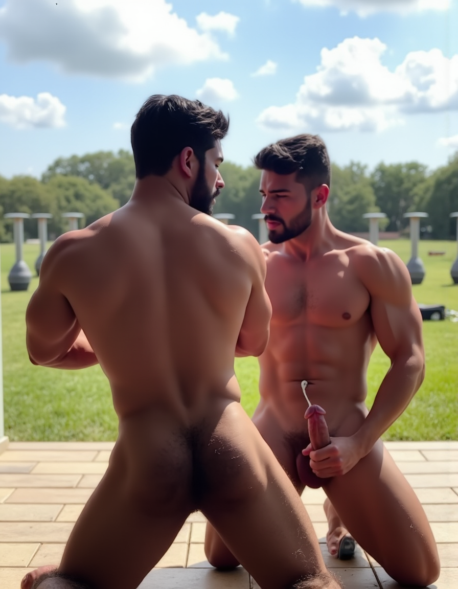 Bruno hombre. Bruno hombre es español de 32 años, cuerpo atlético musculoso pero delgado, abdominales marcados, torso completamente cubierto de vello oscuro denso, pecho peludo, brazos velludos, piernas con vello abundante, barba espesa negra perfectamente recortada, pelo negro ondulado corto despeinado, piel bronceada mediterránea, completamente desnudo, polla grande gruesa erecta con prepucio retractado, testículos grandes colgando, venas visibles en la polla, pubis muy peludo natural, muslos musculosos separados, de rodillas en suelo de madera, espalda arqueada ofreciendo el culo respingón hacia la cámara, mirando por encima del hombro con expresión lasciva y masculina, luz natural cálida de cielo con nubes blancas y suelo de hierba verde con estufas masculinas de fondo desenfocado, sombras marcadas resaltando músculos y curvas del cuerpo, fotografía hiperrealista 8K, estilo retrato íntimo. Junto a él, muy cerca de él, hay otro hombre desnudo, delgado y musculoso con músculos muy definidos y marcados, cuerpo muy peludo con abundante vello corporal que cubre pectorales, pecho, abdomen, antebrazos y piernas, barba espesa y completa, pene grande y erecto, testículos grandes y pesados que cuelgan, mano derecha envuelta alrededor de su pene erecto, mano izquierda con la palma hacia arriba ahuecando y sosteniendo sus bolas gordas, rostro atractivo masculino, expresión sexual intensa, fotorrealista, toma de cuerpo completo, pose segura, energía masculina viril, atmósfera cargada sexualmente.