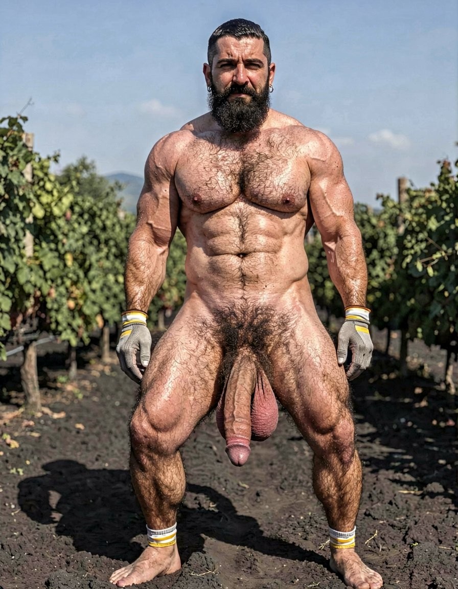 A hyper-realistic full-body vertical photograph taken in harsh midday Santorini sunlight over black volcanic soil between rows of Assyrtiko vines. Dimitris, 32, stands completely naked except for grey work gloves with yellow and white stripes, feet planted wide apart on the dark earth, toes gripping the soil. Shot from a low frontal angle so every inch from his big dirty feet to the top of his head is visible without cropping. His body is at 5% body fat, extremely muscular competition physique: huge veiny traps and shoulders, massive hairy pecs, eight-pack abs partially covered by dense black curly body hair that runs from his neck all the way down to his toes. Extremely thick black pubic bush, massive thick veiny Greek cock rock-hard and pointing upward almost touching his abs, swollen purple glans shiny with precum, a long clear drop hanging from the slit. Heavy low-hanging hairy balls. Thick black hair covers his powerful thighs, calves and feet. His face is pure predator: long thick connected black beard and mustache, short jet-black hair with shaved sides, dark intense eyes looking straight at the viewer, small silver earring in left ear. Skin deeply tanned and covered in sweat that makes the dense body hair glisten. Every muscle, every strand of wet black hair, every vein is razor sharp under the direct Mediterranean sun. Maximum photorealistic detail, vertical composition showing the entire body head to toe with no cropping.