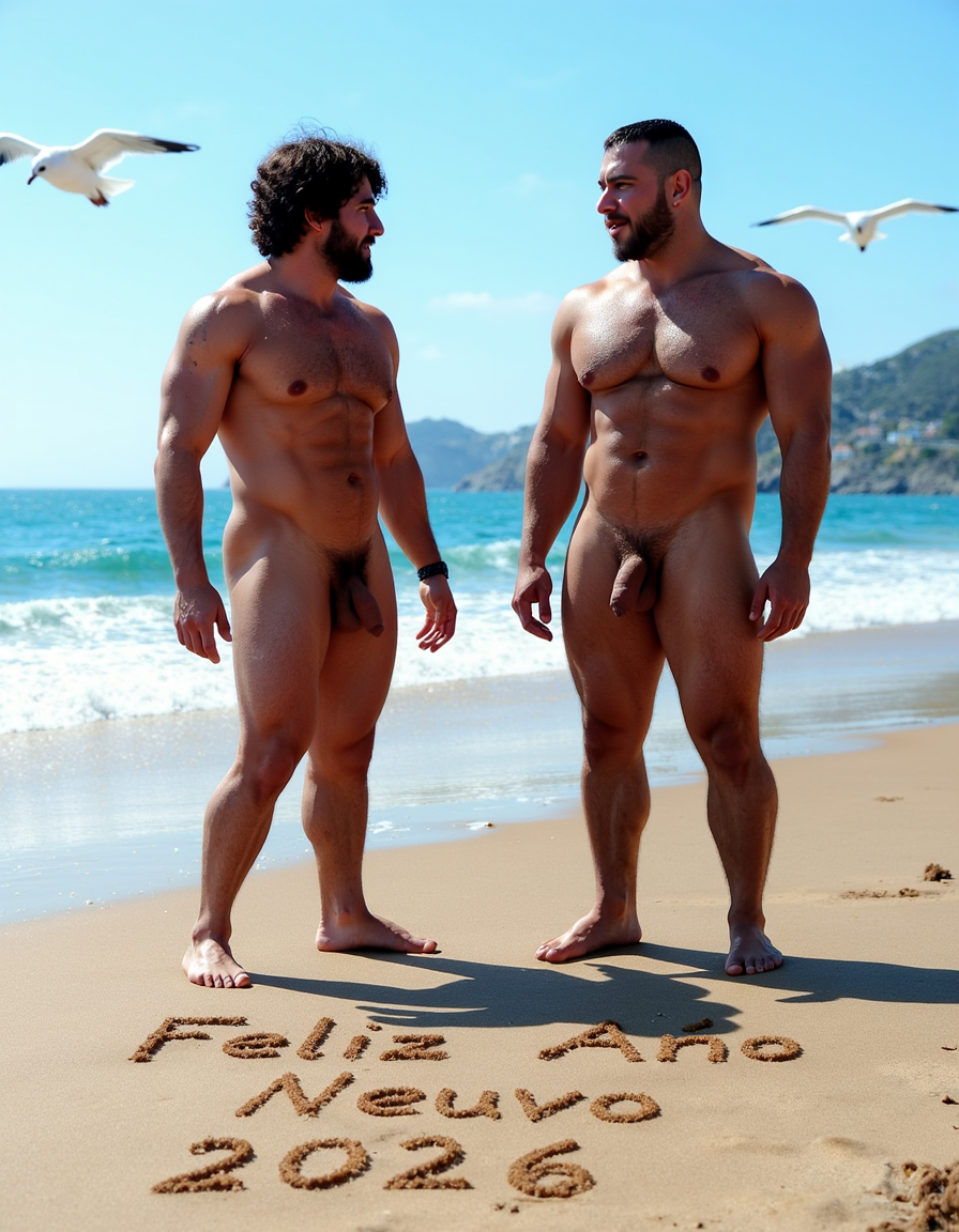 Día de Año Nuevo 2026. Dos hombres llamados Juan y Pedro, tienen los pies descalzados pero están totalmente desnudos. 

Juan es un hombre de 50 años de edad, muy atlético y tiene sus músculos muy definidos y es muy peludo, está totalmente desnudo, tiene un pene largo erecto de 36cm de longitud y 9cm de diámetro, tiene cabello negro largo ondulado y desordenado, tiene mucho vello pectoral, tiene piernas masculinas con abundante vello, tiene brazos peludos,  su cara tiene forma cuadrada tiene mentón prominente con hoyuelo muy pronunciado y muy masculino, su barba está bien afeitada y su cara está muy limpia resaltando sus facciones masculinas. 

Pedro es un hombre de 58 años de edad con músculos marcados sin grasa, está totalmente desnudo, tiene un pene largo de 39 cm de longitud y 9 cm de diámetro, tiene cabello pelirrojo rizado abundante y largo de color rojo, tiene abundante vello pelirrojo pectoral de color rojo oscuro en abundancia, tiene piernas masculinas con mucho vello, tiene brazos peludos y muy masculinos. Pedro tiene presencia atlética y es muy peludo, mucho pelo por todo su cuerpo. 

Pedro y Juan enseñan sus músculos muy marcados y bien definidos, están de pie en la arena de la playa con olas azules y con el Sol reflejándose sobre el agua del mar mientras vuelan dos gaviotas. En la arena de la playa está trazado el texto: 