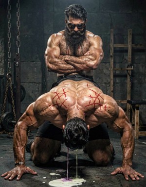 Hyperrealistic cinematic photograph in a dark brutal dungeon gym. Dramatic low rear three-quarter angle full-body shot, capturing Anil exactly as ordered: on all fours like an animal, hands and knees firmly planted on the cold concrete floor, back deeply arched, ass raised high and pushed back aggressively. Hipsterbarba stands directly behind him, arms crossed, staring down at his exposed hole.

Hipsterbarba, 40 years old, 180cm, 80kg, 8% body fat, stands completely naked and dominant. Dense dark body hair covers his thick pecs, shoulders, abs and thighs. Long thick Bandholz beard reaching his chest, curled handlebar mustache, black glasses, cold superior expression as he looks down.

Anil, 25-year-old extreme bodybuilder slave, is positioned like a beast: 175cm, 80kg, 6% body fat, completely smooth tanned skin from the neck down. Massive 127cm chest hanging low, carved eight-pack abs, insanely wide V-taper back covered in fresh red whip marks. Round high 90cm glutes spread wide open, pushing his used pink hole completely exposed and slightly gaping toward Hipsterbarba. Thick 70cm quads spread apart, hands flat on the floor, knees planted like a dog ready to crawl. Metal cock ring locked tight around the base of his swollen, purple cock and heavy balls, forcing them to bulge. Thick white cum leaks steadily from his stretched hole, dripping in long strings down his taint and over his shaved balls onto the dirty floor. A long trail of precum hangs from the tip of his trapped cock.

Head lowered like an animal, forehead close to the concrete, breathing heavy through his nose. Every muscle pumped, trembling with humiliation. Harsh cinematic lighting creates strong highlights on his sweaty skin, deep shadows in every muscle separation, and accentuates the dripping cum, red lash marks and the tight metal ring. Chains, wooden stocks and BDSM equipment blurred in the dark background. Raw, intense atmosphere of total degradation and ownership. Extreme photorealistic detail, frozen in time.
