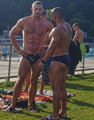 Dibujo realista. Dos chicos musculosos de 30 años luciendo paquete en la zona gay no oficial de la piscina universitaria de Madrid, se ve a otros bañistas y la piscina al fondo.