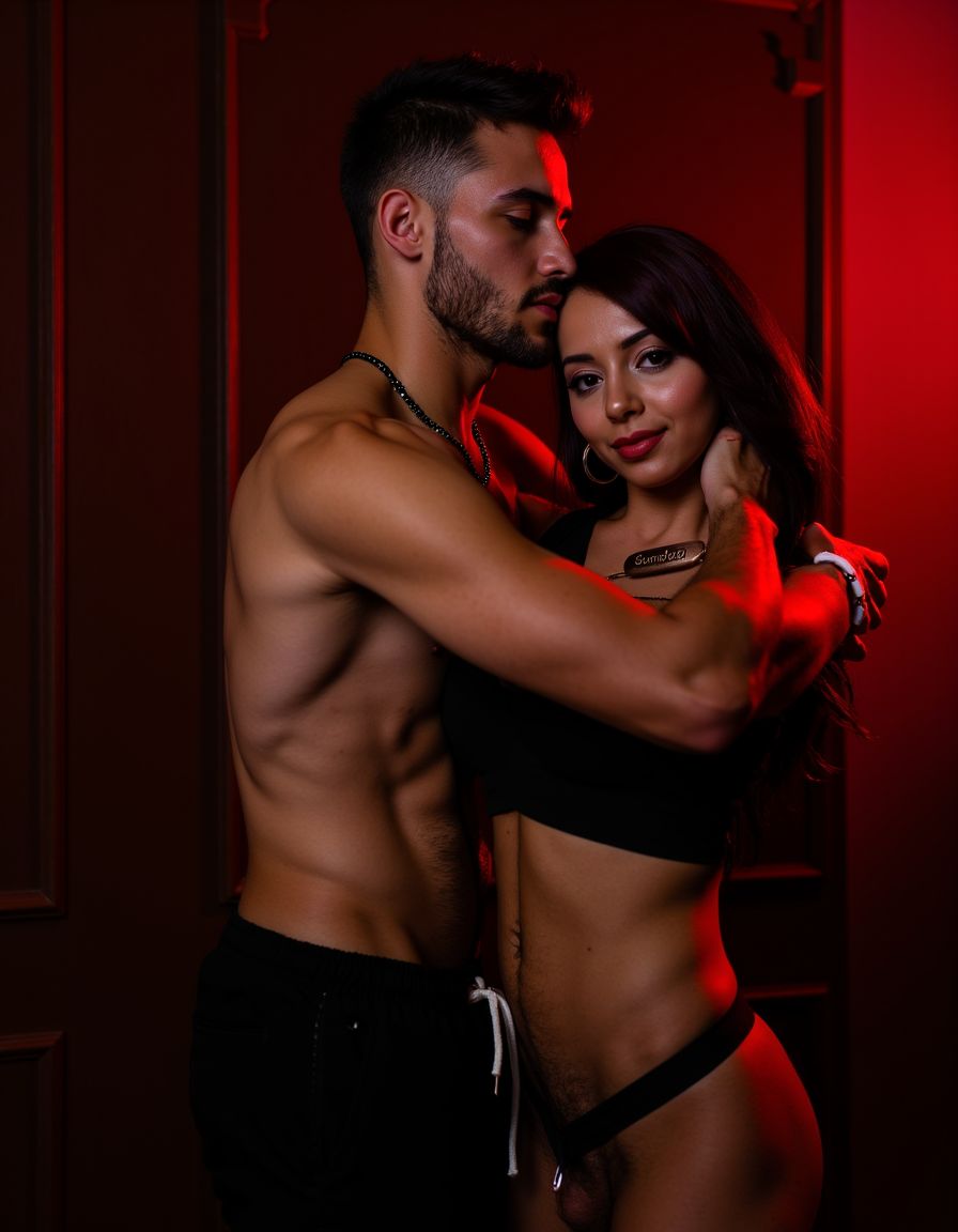 Una sumisa travesti que viste una lencería sexy de encaje negro que resalta su figura voluptuosa y curvilínea. La lencería consiste en un corsé ajustado que realza su busto plano, una falda corta y ajustada que muestra su ropa interior de tanga de encaje negro, y un par de medias de red negras que suben hasta sus muslos firmes y tonificados. La travesti lleva un collar de cuero negro con una placa de metal que dice 