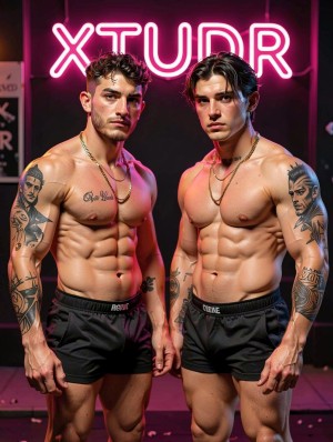 Dos hombres musculosos posan de pie y de frente en un escenario oscuro iluminado por un neón rosa con el texto “XTUR” al fondo, creando un ambiente de gimnasio, competición fitness o sesión fotográfica promocional. Ambos van sin camiseta, mostrando abdominales muy marcados, pectorales definidos, brazos vascularizados y tatuajes visibles en hombros, brazos y pecho; llevan cadenas doradas al cuello y pantalones cortos negros ajustados con cintura elástica. El hombre de la izquierda tiene el pelo corto y rizado, barba ligera y una expresión seria, mientras que el de la derecha lleva el pelo más largo peinado hacia los lados y mantiene una mirada intensa. La luz magenta resalta la piel, la musculatura y el tono dramático de la escena.