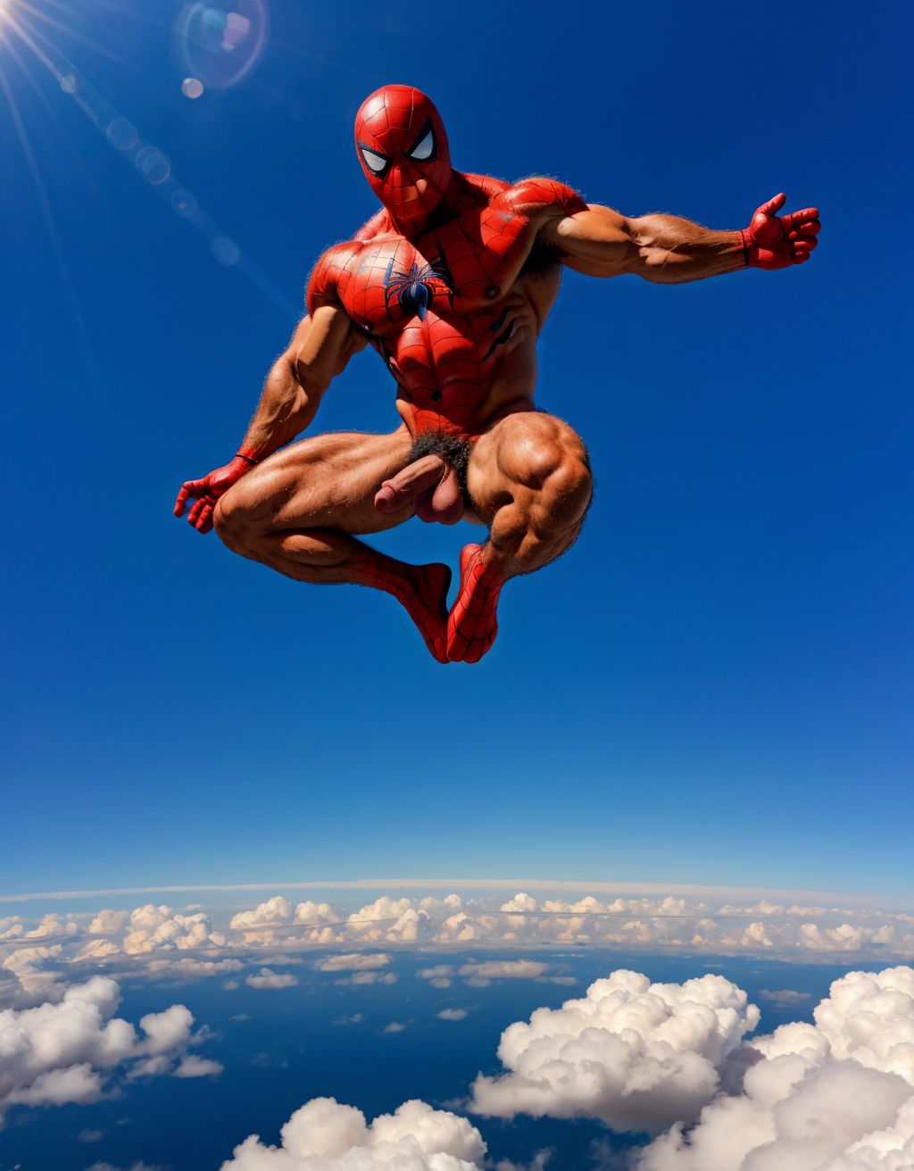 Spiderman velludo musculoso totalmente desnudo volando sobre una nube en el cielo azul. Tiene el pene grande. Tiene los testículos grandes y peludos. Volando.