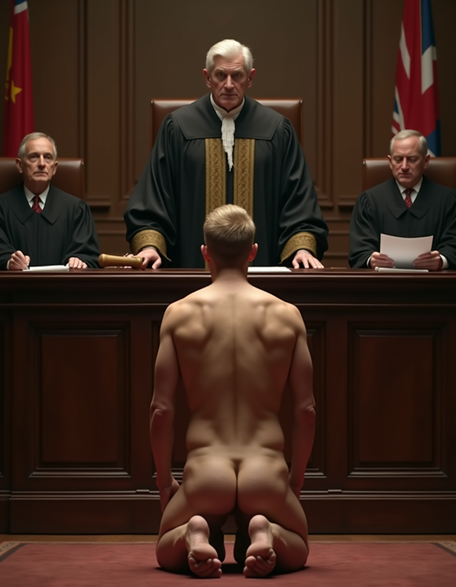 A naked man appears kneeling with his back turned in the center of a solemn courtroom, with a muscular back, exposed buttocks, and the soles of his feet visible on a reddish carpet, facing a dark wooden dais. Behind the judge’s bench, a chief judge with white hair and a black robe with gold details stands with a stern expression, flanked by two other seated magistrates, also dressed in robes, one writing and the other holding documents. The scene conveys tension, authority, and submission within a classic courtroom, with wooden panels, side flags, and dramatic lighting that reinforces the formal and ceremonial atmosphere.