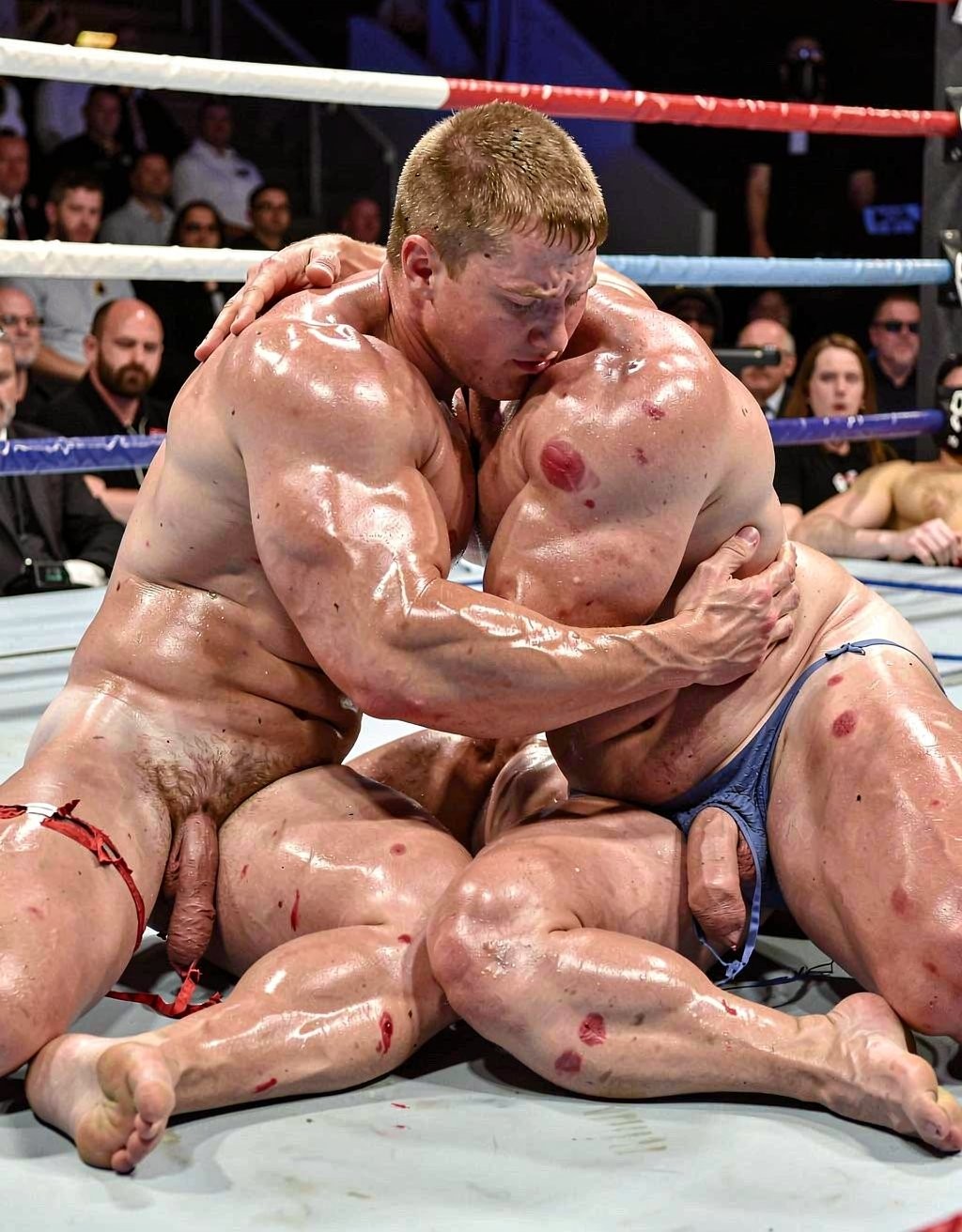Two muscular, naked men grapple body to body on the canvas of a ring, covered in oil or shiny sweat, with visible red marks and abrasions on their skin. One of them, with short blond hair, squeezes his opponent’s head and neck in a grappling hold while both remain seated with their legs intertwined, showing the penis and pubic area uncensored. The scene conveys physical intensity, extreme wrestling and very close athletic contact, with red, white and blue ropes around the ring and an audience watching in the background in a competitive combat atmosphere.