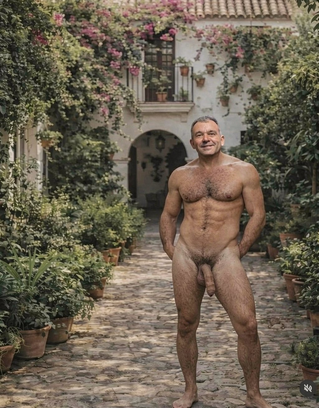 A naked mature man poses standing in an Andalusian patio full of vegetation, with his hands placed behind his back and a calm, smiling expression. His muscular, hairy body is fully visible, including his chest, abdomen, legs, and penis, in a natural frontal posture on a cobblestone floor. Around him are numerous clay pots, lush plants, and pink flowers climbing the white walls of a traditional house, with arches, barred windows, old tiles, and a warm atmosphere of an intimate and well-kept Mediterranean inner garden.