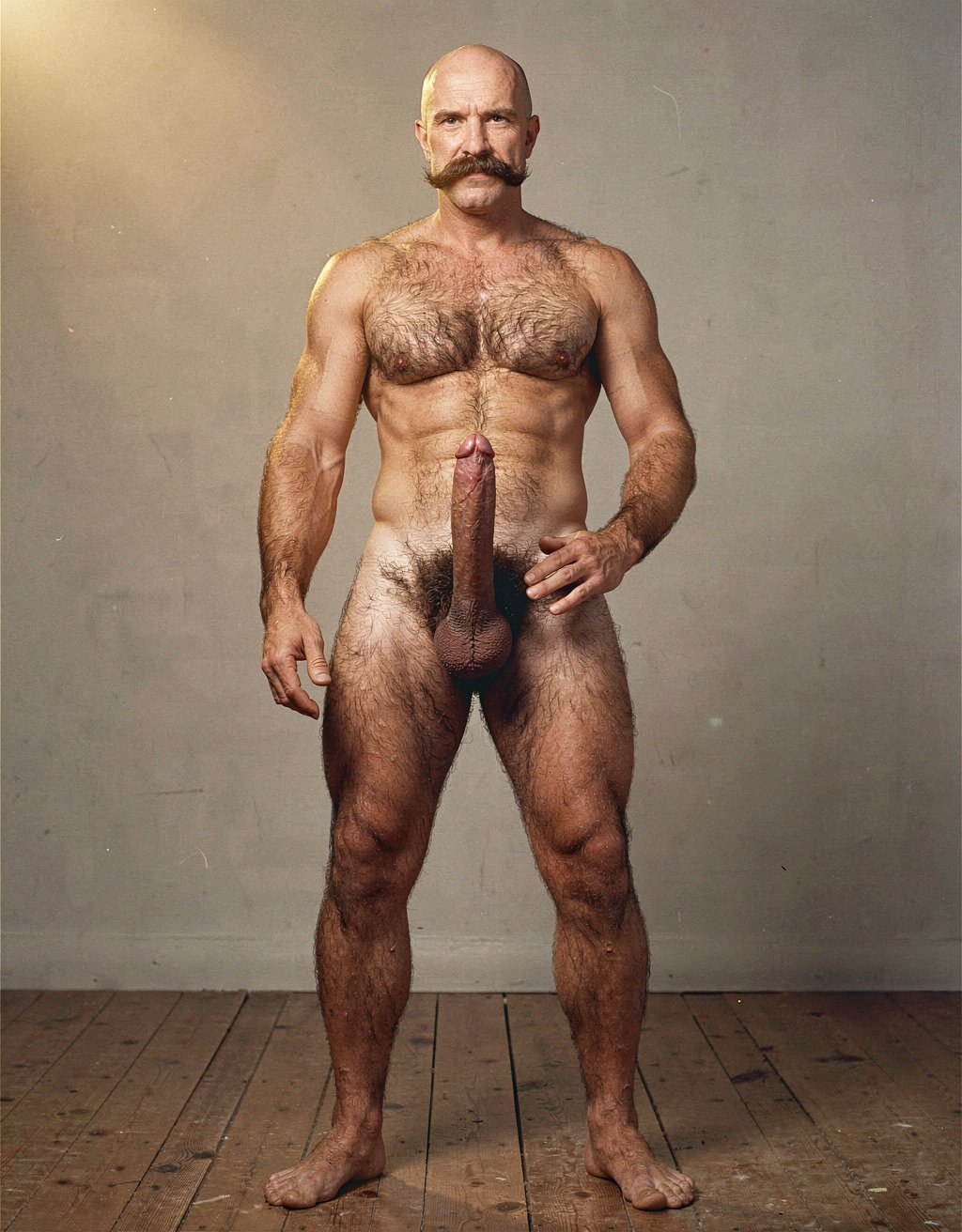 Mike Morris, a powerfully built 32-year-old man with advanced male pattern baldness and a thick dark brown handlebar mustache, stands naked in a warmly lit 1970s studio, his muscular body covered in dense dark brown hair across his broad chest and thick forearms, his erect penis fully exposed and standing long and thick, the prominent glans catching the light, heavy testicles hanging low beneath a dense patch of dark pubic hair. His bare feet are planted firmly on a worn wooden floor, the definition of his calf muscles and quadriceps sharply visible, one hand loosely at his side, the other resting on his hip, his expression intense and direct. Soft golden studio key light from above-left sculpts every detail of his defined pectorals, abdominal six-pack, and the veins running along his forearms and the dorsal side of his erect shaft, with deep shadows under his muscles, the image rendered in ultra-sharp focus with rich warm tones and subtle film grain, capturing the iconic Colt Studio aesthetic at its highest resolution.