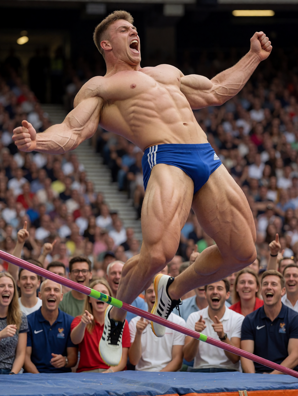 Atleta musculoso y sin camiseta celebra con un grito de euforia mientras salta sobre el listón de una prueba de pértiga o salto en un estadio lleno de público. Lleva un ajustado pantalón corto azul y zapatillas deportivas, con el cuerpo en tensión, los abdominales marcados, las piernas muy definidas y los brazos flexionados mostrando venas y fuerza. El listón rosa queda en primer plano sobre la colchoneta azul, mientras detrás una multitud sonríe, aplaude y anima con entusiasmo, creando una escena intensa de competición, victoria, atletismo, potencia física y celebración deportiva.