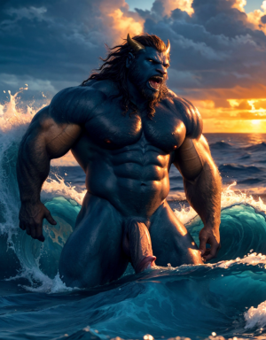 Neptuno es dios de los mares, las tempestades y los vientos. Es un dios malhumorado y violento. Está desnudo. Tiene un pene grande y largo y erecto. Tiene mucho vello. Está llamando a gritos a los monstruos del océano y aparecen sobre el agua del mar. Está andando sobre la arena de la playa mirando las olas embravecidas.