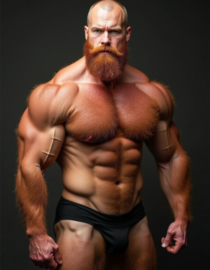 Un hombre desnudo. Con mucho bello pelirrojo en todo el cuerpo. Es un muscle daddy