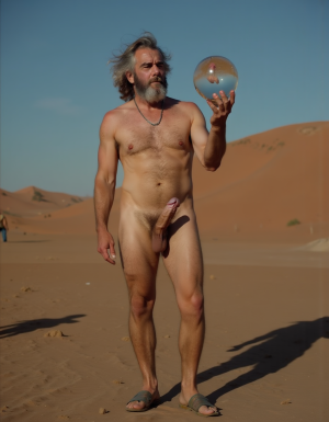 Enrique es un hombre muy delgado de 50 años, tiene cabello largo con canas blancas, tiene barba blanca abundante y larga. Está totalmente desnudo, en su mano derecha lleva una bola de 10 cm de diámetro de cristal mágica y está iluminada de donde sale un pene erecto y sus dos testículos y se lo acerca a boca para comerse el pene erecto, tiene la mano izquierda elevada hacia cielo señalando a la Luna. Enrique tiene un cuerpo muy delgado con músculos marcados y definidos. 💪🏼. Tiene un pene erecto de 36,8 cm de longitud y 7,9 cm de diámetro. Tiene mucho vello corporal blanco en su pecho, tiene mucho vello en sus brazos y tiene mucho vello en sus piernas. Está en la arena del desierto entre grandes dunas de arena color terracota. Tiene la piel morena bronceada por el Sol. Tiene sandalias en sus pies. Está mirando a la Luna mientras levanta la palma de la mano derecha señalando la Luna 🌓 . Tiene la boca entreabierta. Tiene la mano derecha sobre su pene y está masturbándose
