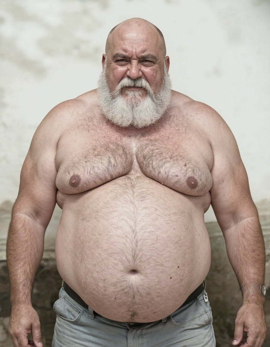 Un anciano calvo con barba bigote grueso y expresión severa, tiene un cuerpo obeso con una prominente barriga, UNOS PECHOS ENORMES