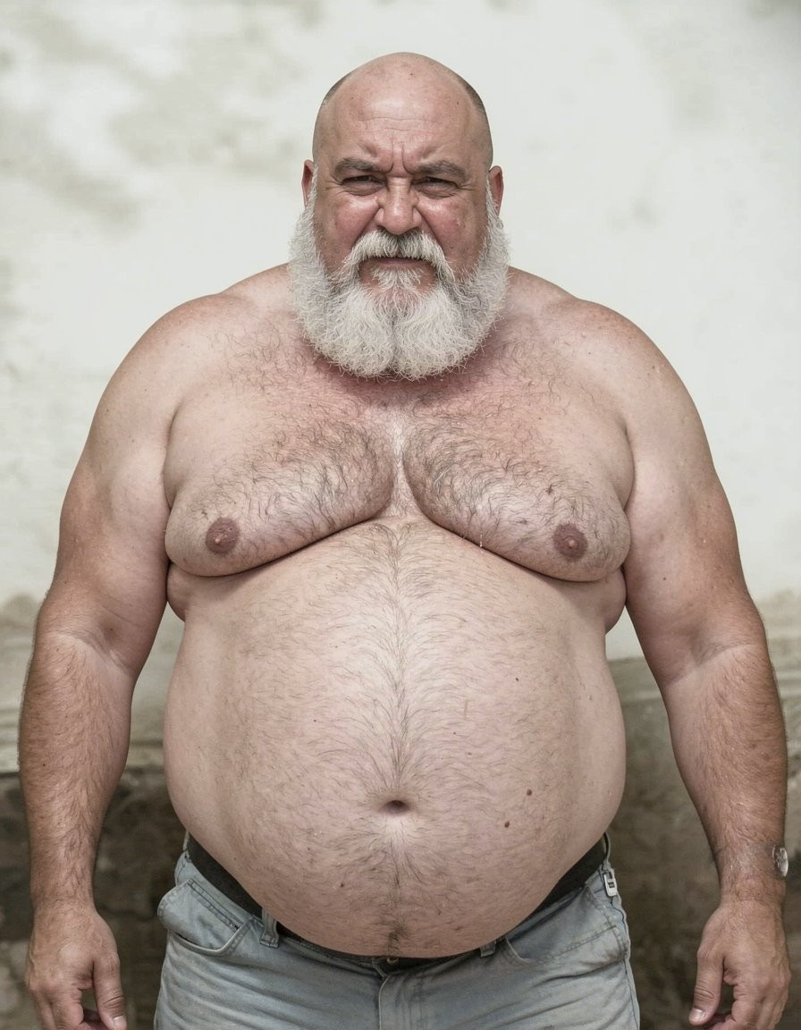 Hombre corpulento de torso desnudo, calvo y con una barba blanca muy poblada, posa de pie mirando directamente a la cámara con gesto serio y ceño fruncido. Su pecho ancho y velludo, los pezones visibles, los brazos robustos y el abdomen prominente ocupan casi todo el encuadre, transmitiendo una presencia física fuerte y contundente. Lleva unos vaqueros grises bajos en la cintura, con el ombligo y el vello abdominal claramente visibles. El fondo es una pared clara, desgastada y desenfocada, que aporta un ambiente sencillo y crudo, centrando toda la atención en el retrato frontal, la complexión grande y la expresión intensa del hombre.