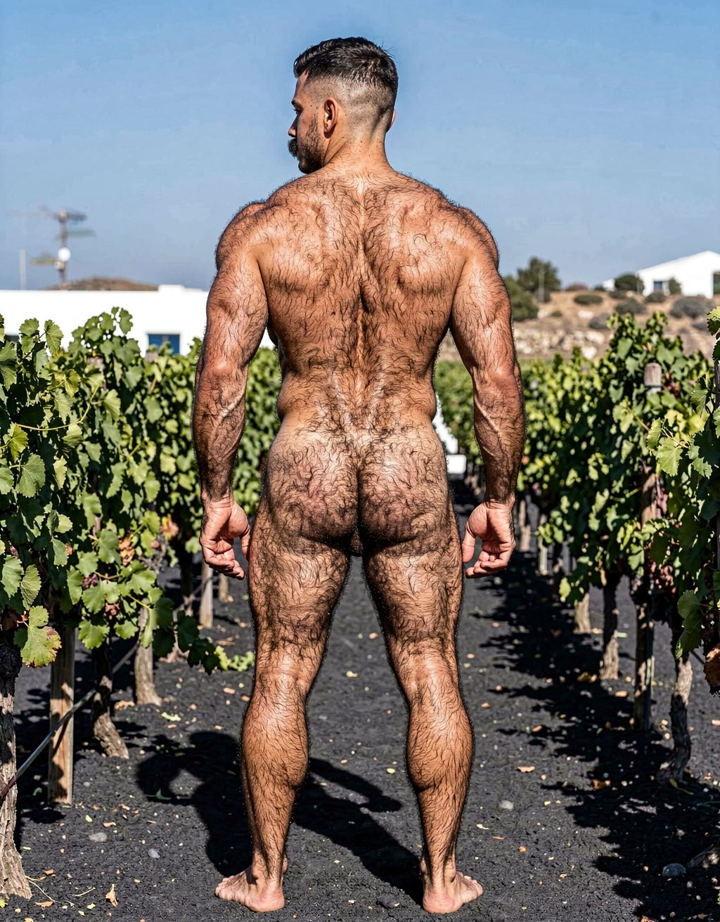 A naked, muscular man appears from behind in the middle of a vineyard, standing on a black dirt path between rows of green vines loaded with leaves. His body is highly defined, with a broad back, strong shoulders, tense arms, sturdy legs, and abundant body hair covering his back, buttocks, and legs. He has short faded hair and a trimmed beard, looking slightly to one side under the intense sunlight. The outdoor scene conveys an aesthetic of male nudity, physical strength, rural nature, grape cultivation, and an agricultural landscape with a clear sky in the background.