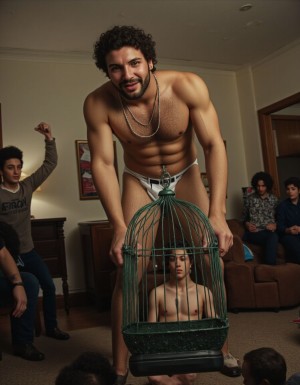 Macrofilia, sadismo. 
Un hombre joven en calzoncillos está en con su familia, tiene una jaula en las manos, enseña orgullo su mascota que tiene en una jaula de pájaro,  la jaula de pájaro es sostenida por el gigante, la jaula contiene un hombre en miniatura que grita. 