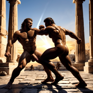 Harmodio y Aristogitón están desnudos. Tienen grandes testículos muy velludos. Luchan en la plaza medieval de Atenas. Luchan pegando puñetazos en el pubis. Golpean con sus grandes penes. Son musculosos y están delgados y bronceados. Tienen mucho vello por todo el cuerpo. Harmodio levanta la pierna derecha para lanzar un golpe con su pie derecho para golpear la cara de Aristogitón. 