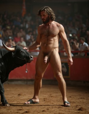 Hombre musculoso y velludo, torero español de 50 años, con un torso musculoso, tiene un pene hermoso perfecto y de tamaño XXL, tiene mucho vello púbico denso y moreno, piel bronceada y sudorosa. Tiene una barba incipiente, mientras su cabello largo castaño oscuro está despeinado y sudoroso, con gotas de sudor que resbalan por su frente y mejillas. Su torso de atleta marcado definido y sus abdominales y pectorales están muy marcados y definidos, tiene un vello corporal muy denso que se extiende desde su pecho hasta sus piernas y hasta sus brazos y espalda.
Tiene un pene muy grueso de 25 cm de longitud con forma perfecta está rodeado de un denso vello púbico castaño oscuro. Tiene dos testículos de grandes dimensiones y perfectamente formados que cuelgan por debajo. Tiene piel bronceada con brillo de sudor y sus músculos están en forma y bien definidos con aspecto delgado pero sobresalen sus pectorales muy marcados sin nada de grasa.
La escena está en una plaza de toros en un ambiente sensual con sombras que resaltan la musculatura y el vello corporal del hombre.
Tiene sandalias en sus pies. Su pene está erecto y enseña sus enormes testículos. A su lado hay un toro. Está saltando para subir sobre el lomo del toro 