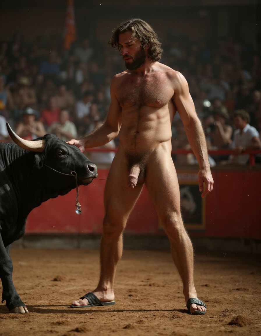 Hombre musculoso y velludo, torero español de 50 años, con un torso musculoso, tiene un pene hermoso perfecto y de tamaño XXL, tiene mucho vello púbico denso y moreno, piel bronceada y sudorosa. Tiene una barba incipiente, mientras su cabello largo castaño oscuro está despeinado y sudoroso, con gotas de sudor que resbalan por su frente y mejillas. Su torso de atleta marcado definido y sus abdominales y pectorales están muy marcados y definidos, tiene un vello corporal muy denso que se extiende desde su pecho hasta sus piernas y hasta sus brazos y espalda.
Tiene un pene muy grueso de 25 cm de longitud con forma perfecta está rodeado de un denso vello púbico castaño oscuro. Tiene dos testículos de grandes dimensiones y perfectamente formados que cuelgan por debajo. Tiene piel bronceada con brillo de sudor y sus músculos están en forma y bien definidos con aspecto delgado pero sobresalen sus pectorales muy marcados sin nada de grasa.
La escena está en una plaza de toros en un ambiente sensual con sombras que resaltan la musculatura y el vello corporal del hombre.
Tiene sandalias en sus pies. Su pene está erecto y enseña sus enormes testículos. A su lado hay un toro. Está saltando para subir sobre el lomo del toro 
