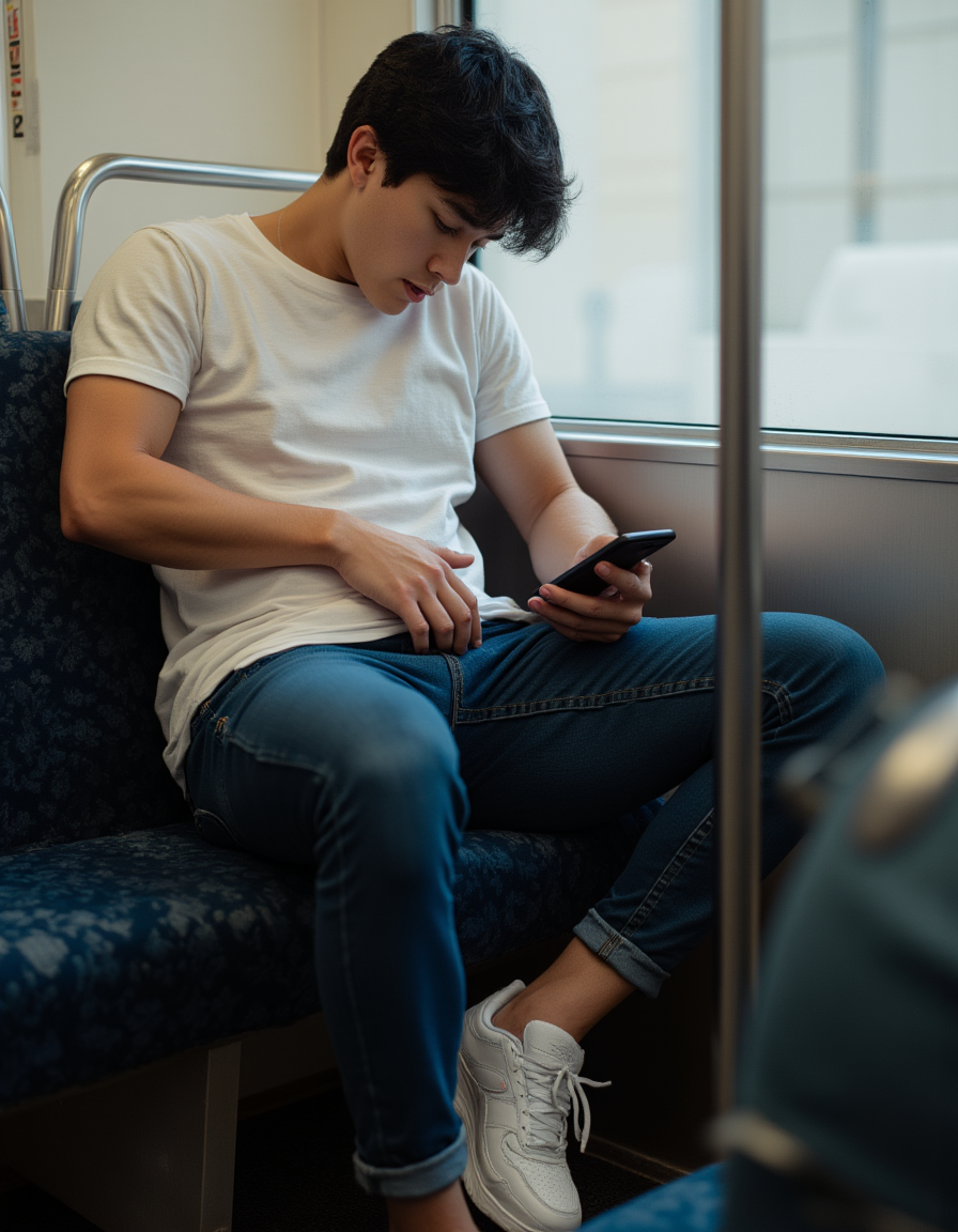 Un joven sentado en un asiento tapizado de un tren o metro mira atentamente su teléfono móvil mientras viaja junto a una ventana amplia. Lleva una camiseta blanca sencilla, vaqueros azules ajustados con el bajo remangado y zapatillas deportivas blancas, con una postura relajada y ligeramente encorvada. Una mano sostiene el smartphone y la otra descansa sobre la zona de la cintura, cerca del cinturón del pantalón. El interior del vagón tiene barras metálicas verticales, asientos azules con estampado discreto y luz natural suave entrando por la ventana, creando una escena cotidiana de transporte público, viaje urbano, pasajero, móvil y ambiente tranquilo.