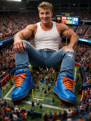 Un hombre gigantesco y musculoso aparece sentado de forma surrealista dentro de un estadio abarrotado, ocupando gran parte del campo de fútbol americano mientras sonríe hacia la cámara. Lleva una camiseta blanca de tirantes ajustada, vaqueros azules desgastados y rotos en las rodillas, y unas zapatillas deportivas azules muy llamativas con cordones naranjas, exageradamente grandes por la perspectiva. Sus brazos definidos descansan sobre las piernas abiertas, creando una presencia dominante y fantástica sobre el terreno de juego, donde diminutas figuras de jugadores, animadoras y personal del estadio parecen reunidas bajo él. Al fondo, las gradas llenas de público, las luces del recinto y un marcador luminoso refuerzan la atmósfera de evento deportivo multitudinario con estética de fotomontaje hiperrealista.