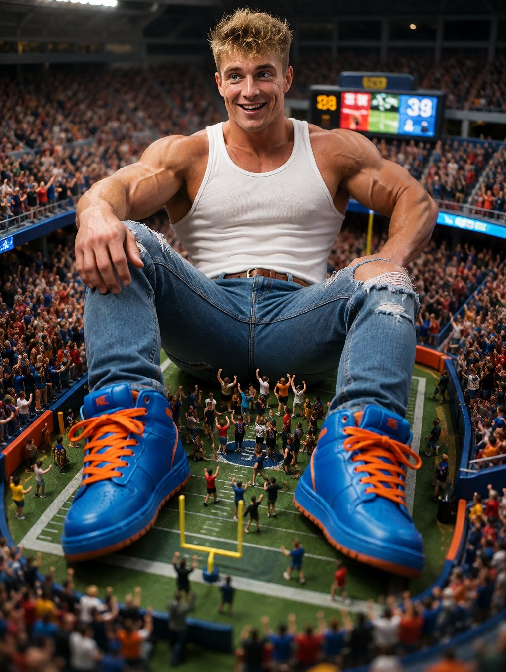 Un hombre gigantesco y musculoso aparece sentado de forma surrealista dentro de un estadio abarrotado, ocupando gran parte del campo de fútbol americano mientras sonríe hacia la cámara. Lleva una camiseta blanca de tirantes ajustada, vaqueros azules desgastados y rotos en las rodillas, y unas zapatillas deportivas azules muy llamativas con cordones naranjas, exageradamente grandes por la perspectiva. Sus brazos definidos descansan sobre las piernas abiertas, creando una presencia dominante y fantástica sobre el terreno de juego, donde diminutas figuras de jugadores, animadoras y personal del estadio parecen reunidas bajo él. Al fondo, las gradas llenas de público, las luces del recinto y un marcador luminoso refuerzan la atmósfera de evento deportivo multitudinario con estética de fotomontaje hiperrealista.