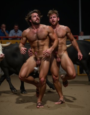 Un torero español musculoso y velludo de 50 años, con torso atlético y marcado, se muestra completamente desnudo, destacando su pene de 30 cm de longitud y 5 cm de grosor, perfectamente formado y rodeado de un denso vello púbico castaño oscuro. Sus testículos, perfectamente formados, cuelgan de forma prominente. La piel bronceada y sudorosa resalta su musculatura definida, con pectorales y abdominales bien marcados y sin grasa. El cabello largo y castaño oscuro está despeinado y sudoroso, con gotas de sudor resbalando por su frente y mejillas. Una barba incipiente y un vello corporal denso que se extiende por su pecho, piernas y brazos completan su apariencia viril. Lleva sandalias marrones en sus pies.

A su lado, un hombre musculoso y velludo de 30 años, completamente desnudo, muestra un pene erecto de 30 cm de longitud y 4 cm de grosor, hermoso y perfecto, rodeado de un denso vello púbico pelirrojo. Su piel bronceada y sudorosa muestra una musculatura definida, con pectorales y abdominales muy marcados. Tiene cabello pelirrojo despeinado y sudoroso. Tiene una barba pelirroja densa pero bien recortada. El vello corporal pelirrojo denso cubre su pecho, y tiene mucho vello pelirrojo en sus piernas y brazos, lo que realza su apariencia masculina y atlética. Están corriendo en la plaza de toros con un toro

Ambos hombres se encuentran en una plaza de toros, con sombras que resaltan su musculatura y vello corporal, creando un ambiente sensual y cargado de tensión. Están en pleno acto de pasión, con sus penes erectos y testículos prominentes ,destacando su musculatura, vello corporal y atributos viriles en una imagen impactante y llena de energía. La escena está llena de sensualidad y poder, con los dos hombres como protagonistas, en un ambiente cargado de pasión y erotismo. La imagen es híper realista, con detalles de alta calidad, y muestra la unión de los dos hombres en un acto de pasión y dominio, con sus cuerpos musculosos y velludos completamente desnudos y visibles, mostrando su excitación y pasión en cada detalle. Tienen sus penes erectos, desde la uretra del glande del pene eyaculan semen blanco lanzado en abundancia.
