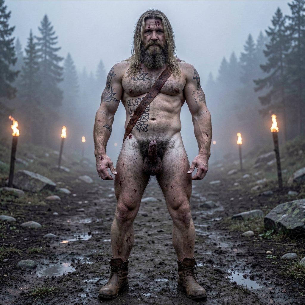 Amleth (Alexander Skarsgård) como berserker vikingo de 35 años, cuerpo entero desde los pies a la cabeza, 194 cm de altura. Cuerpo masivo con 7% de grasa corporal, musculatura ultra definida de culturista guerrero, pectorales anchos marcados y definidos, abdominales muy marcados, hombros desproporcionadamente anchos, cintura estrecha y pequeña, brazos fuertes marcados y definidos con venas visibles en antebrazos y bíceps, muslos poderosos, pantorrillas fibrosas. Torso desnudo cubierto de tatuajes nórdicos oscuros (runas, símbolos geométricos, líneas) en pecho, hombros y espalda, cicatriz grande que le cruza el torso de lado a lado, cortes menores en brazos y costillas, vello corporal oscuro en pecho y pubis, piel pálida grisácea cubierta de suciedad y sangre seca. Pelo rubio sucio largo y lacio con mechones oscuros por la mugre, barba espesa y desigual mezcla de rubio sucio y castaño claro enmarañada, cara angulosa con mandíbula cuadrada, pómulos marcados, cejas espesas, ojos azul pálido con mirada fija desquiciada y brillo de locura contenida, labios finos y agrietados con cicatriz en el labio superior que tira de la comisura. Desnudo frontal completo, pene erecto de 22 cm curvándose ligeramente hacia arriba, circuncidado, glande grueso y visible, tronco largo con venas marcadas en el lateral, vello púbico denso oscuro en V invertida subiendo hasta el ombligo, testículos grandes colgando ligeramente asimétricos con escroto arrugado y más claro que el resto del cuerpo. Botas de cuero rudimentarias en los pies. De pie en un fiordo nórdico brumoso con suelo de tierra y piedras, antorchas en la distancia, iluminación tenue y dramática, estilo cinematográfico realista, hiperrealista, textura de piel cruda y sucia, alta definición máxima, sombras profundas.