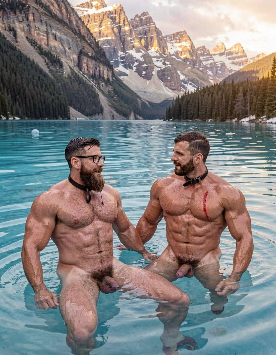 Hyperrealistic cinematic photograph, full body view from a slight high angle, perfect anatomy and proportions with zero distortions or deformations. Dramatic golden hour sunlight over the center of Lake Louise, intense unreal turquoise glacial water that looks almost glowing, surrounded by towering snow-capped Rocky Mountain peaks and dense evergreen forest in the background. Perfect reflections on the calm water surface.

Hipsterbarba, 40 years old, 180cm, 80kg, 8% body fat, floats on the left side of the frame, chest-deep in the freezing water, completely naked. Powerful muscle bear physique with dense dark wet body hair clinging to his broad hairy chest, shoulders, defined abs and thick thighs. Long thick Bandholz beard dripping water, curled handlebar mustache, black glasses, dominant and calm expression as he looks at Anil. His body is covered in glistening water droplets.

Anil, 25 years old, extreme bodybuilder slave, 175cm, 80kg, 6% body fat, floats right in front of you in the center of the lake, water up to his neck, also completely naked. Smooth tanned skin shining and covered in goosebumps from the extreme cold. Massive 127cm pecs partially visible above the water, deep eight-pack abs contracting visibly, 47cm veiny arms moving slowly to stay afloat, tiny 60cm waist, round 90cm glutes and powerful 70cm quads submerged. Black leather collar still around his thick neck. The metal cock ring remains brutally tight at the base of his thick cock underwater, keeping it swollen, semi-hard and morado, with visible strings of precum slowly floating and dissolving in the crystal clear turquoise water around him.

Anil stares at you with pure loving submission and devotion in his eyes, mouth slightly open, lips purple from the freezing water, body visibly shivering. Fresh red whip marks visible on his massive chest and shoulders above the waterline. Both men floating close together in the middle of the vast glacial lake, completely isolated, surrounded by the majestic mountains. Extreme photorealistic detail on wet skin texture, water droplets, body hair, muscle definition, collar, cock ring, floating precum strands, shivering and the breathtaking unreal turquoise water. Raw contrast between the hairy dominant master and his smooth devoted slave in the middle of the icy lake. Perfect anatomy, cinematic natural lighting, no deformations.