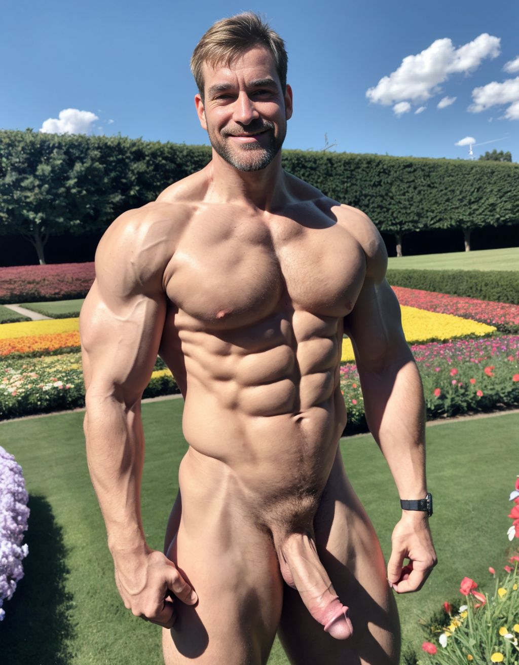 Hombre de  50 años, moreno, desnudo, delgado, con pene erecto, testículos grandes y velludos, pecho y brazos velludos, cara delgada, cabello rubio, mostrando trasero perfecto, testículos visibles, muy atractivo y viril, cuerpo completo. Lleva sandalias en sus pies. Está parado en el campo florido. Su cara tiene mentón grande y con hoyete. Hombre culturista, músculos muy definidos. Está inclinado hacia adelante para enseñar sus músculos definidos. Tienes grandes pezones y alargados.