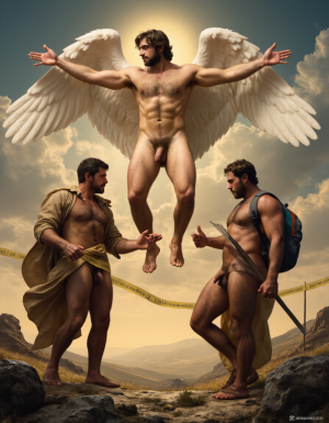El arcángel San Gabriel es conocido como el ángel anunciador, está totalmente desnudo, tiene cuerpo de culturista, tiene un pene erecto de 35 cm de longitud y 9 cm de diámetro, tiene alas blancas, ondea en el aire una cinta con la inscripción latina: 