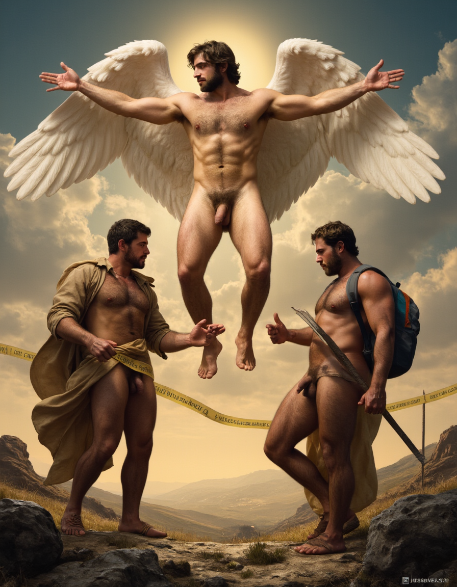El arcángel San Gabriel es conocido como el ángel anunciador, está totalmente desnudo, tiene cuerpo de culturista, tiene un pene erecto de 35 cm de longitud y 9 cm de diámetro, tiene alas blancas, ondea en el aire una cinta con la inscripción latina: 