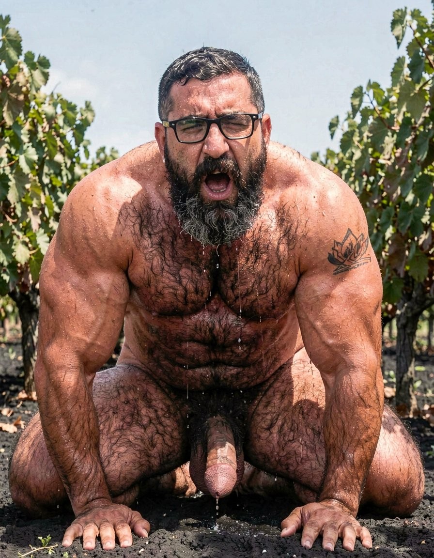 Naked man kneeling on dark soil in a vineyard, with his body leaning forward and his hands resting on the ground, looking at the camera with his mouth open in an intense expression. He has a thick beard, black glasses, short wet hair, a very hairy chest and abdomen, muscular arms, and a black tattoo on his shoulder. Water runs down his face, torso, and legs, accumulating and also dripping from the penis visible between his thighs. In the background are rows of green vines under sunlight, creating a raw, direct, and physical outdoor scene among nature, mud, male nudity, and vineyard.