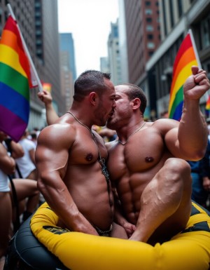 Subidos en una carroza durante el orgullo de Nueva York, hombres vestidos de cuero, desnudos, muy musculosos,  se besan con lenguas y saliva visibles, hacen gestos obscenos y muestran sexuales muy exageradas ante un público enfervorecido. Llevan banderas arco iris en la mano. 