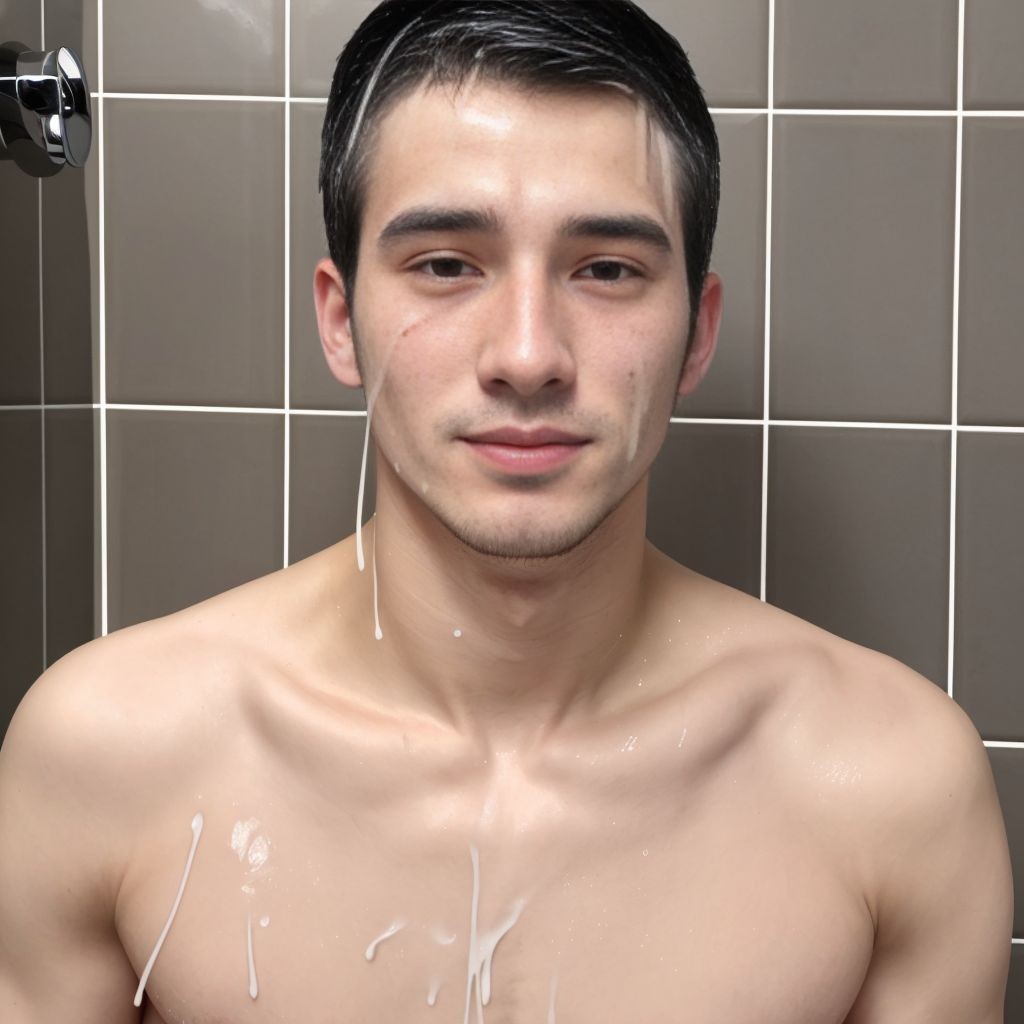 Ducha. Chico joven de 30 años,  piel blanca, pelo negro y largo,  cara visible, sin nada de vello en el cuerpo y con semen en la cara