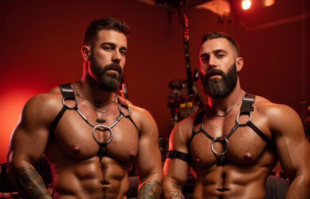 Cuero. 
Dos hombres barbudos con buen cuerpo, de mediana edad, están en una fiesta leather en un local de Londres, muestran sus cuerpos definidos con arneses de cuero y metal.