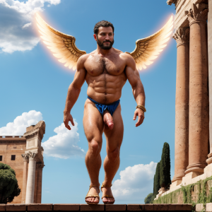 En el año 49 a.C., Julio César desnudo con pene grande. Está por las calles de la ciudad de Roma. Cneo Pompeyo Magno, bronceado y con testículos peludos, muestra su bíceps derecho con orgullo. Tiene un aro luminoso y alas blancas azuladas, destacando sus genitales velludos, sandalias, monedas esparcidas y geranios. Salta hacia arriba subiendo al cielo. Es muy atractivo. Está volando entre nubes. Se ve todo el cuerpo muy bonito.