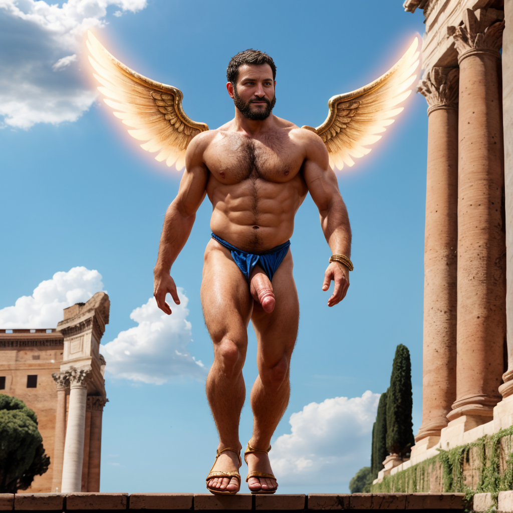 En el año 49 a.C., Julio César desnudo con pene grande. Está por las calles de la ciudad de Roma. Cneo Pompeyo Magno, bronceado y con testículos peludos, muestra su bíceps derecho con orgullo. Tiene un aro luminoso y alas blancas azuladas, destacando sus genitales velludos, sandalias, monedas esparcidas y geranios. Salta hacia arriba subiendo al cielo. Es muy atractivo. Está volando entre nubes. Se ve todo el cuerpo muy bonito.