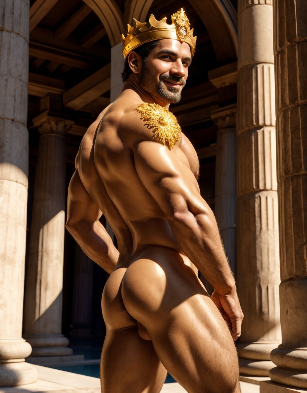 Hombre griego desnudo, sonriente, corona de oro y diamantes, pene grande, testículos peludos, inclinado, enseñando ano y los testículos, mirando hacia atrás, entre casas antiguas con columnas y estatuas, sol de tarde, piel bronceada, músculos definidos, ojos brillantes, sensual y apasionado. Tiene testículos grandes colgando hacia atrás sobresale entre las nalgas.