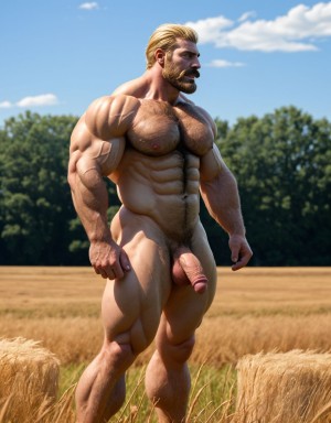 testículos visibles son grandes y están velludos, pecho y brazos velludos, cara delgada, cabello rubio, mostrando trasero perfecto, muy atractivo y viril, cuerpo completo. Lleva sandalias en sus pies. Está parado en el campo. Su cara tiene mentón grande y con hoyete. Hombre culturista, músculos muy definidos. Está inclinado hacia adelante para enseñar sus músculos definidos. Tienes grandes huevos y peludos. Tiene bigote. Está de perfil enseñando los testículos. Masturbación con la mano derecha:10