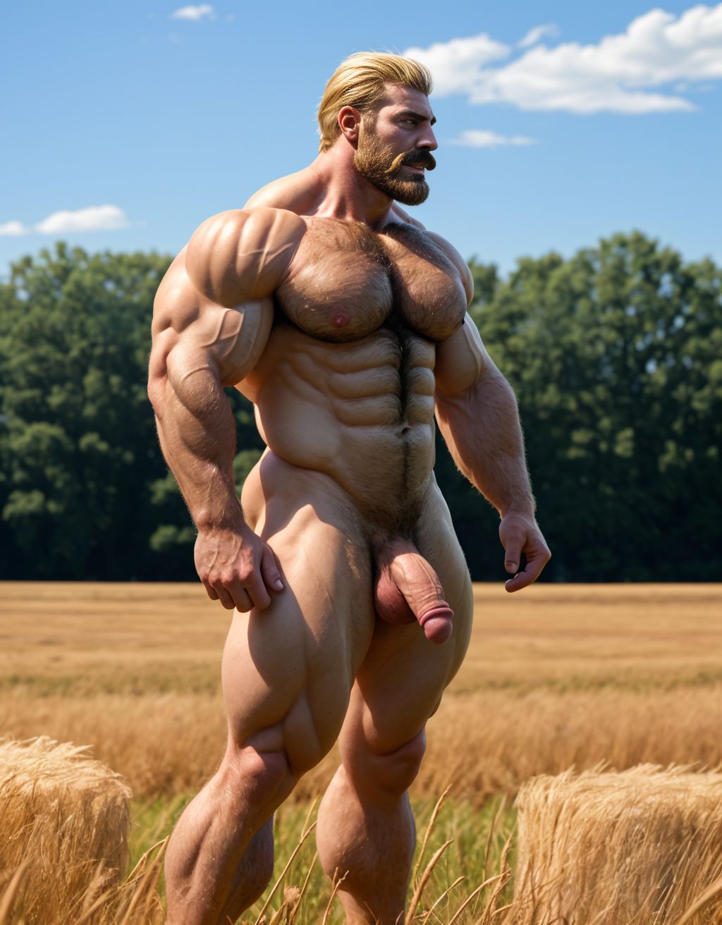 testículos visibles son grandes y están velludos, pecho y brazos velludos, cara delgada, cabello rubio, mostrando trasero perfecto, muy atractivo y viril, cuerpo completo. Lleva sandalias en sus pies. Está parado en el campo. Su cara tiene mentón grande y con hoyete. Hombre culturista, músculos muy definidos. Está inclinado hacia adelante para enseñar sus músculos definidos. Tienes grandes huevos y peludos. Tiene bigote. Está de perfil enseñando los testículos. Masturbación con la mano derecha:10